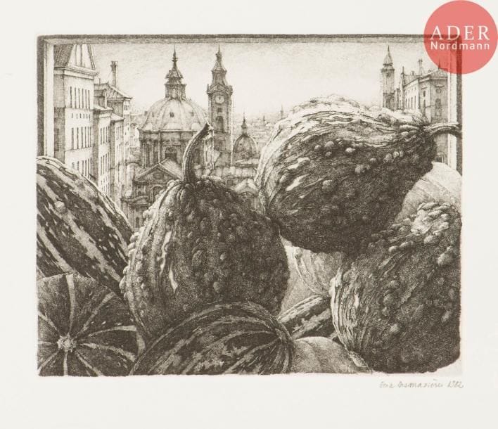 Érik Desmazières (né en 1948)
Coloquintes; Le Petit jardinier. 1982 et 1983. Eau-forte. 159 x 130 et 106 x 196. Fitch 72 et 73. Très belles épreuves sur vélin, signées et datées au crayon. Toutes marges. Ens. 2 p.