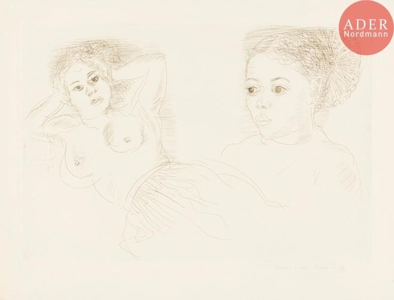 Raoul Dufy (1877-1953)
Deux Antillaises. Vers 1930. Eau-forte. 493 x 336. Johnson 35. Très belle épreuve sur vélin fort, annotée « épreuve d’essai » et signée au crayon. Toutes marges. A. Vollard éd.