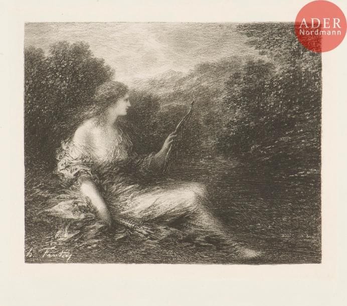 Henri Fantin-Latour (1836-1904)
Chasseresse. 1892. Autographie. 285 x 230. Hédiard-Mason 10. Très belle épreuve sur chine appliqué. Toutes marges.