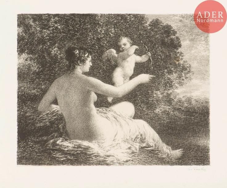 Henri Fantin-Latour (1836-1904)
Vénus et l’Amour (grande pl.). 1896. Autographie. 458 x 322. Hédiard-Mason 131 ; Johnson 39. Très belle épreuve sur chine appliqué, signée au crayon. Pl. parue dans l’Album des Peintres-graveurs, A. Vollard éd.