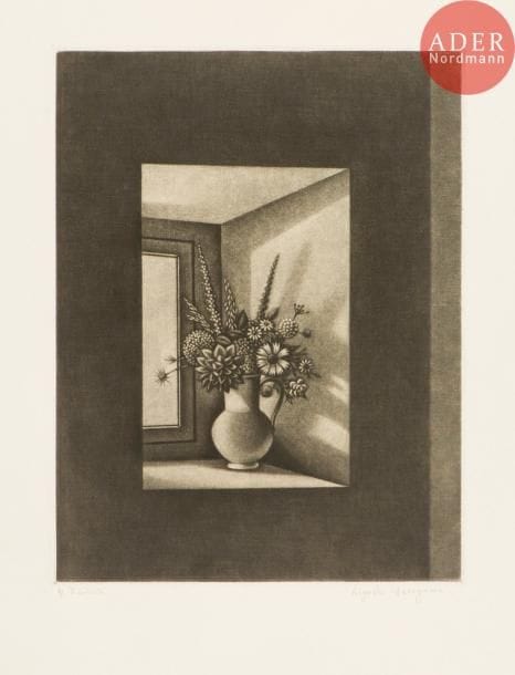 Kiyoshi Hasegawa (1891-1980)
Bouquet sur la fenêtre. 1952. Manière noire. 225 x 292. Reifu Syobo 290. Très belle et fraîche épreuve sur vélin, annotée « ép. d’artiste » et signée au crayon. Toutes marges. Timbre sec de l’artiste. Tirage définitif à 50 épreuves.
