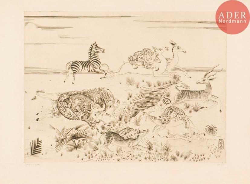 Joseph Hecht (1891-1951)
Panthères à la chasse. 1934. Burin. 390 x 292. Plumart, Tonneau-R. 249. Très belle épreuve sur vergé, signée et numérotée au crayon. Toutes marges. Tirage à 50 épreuves.