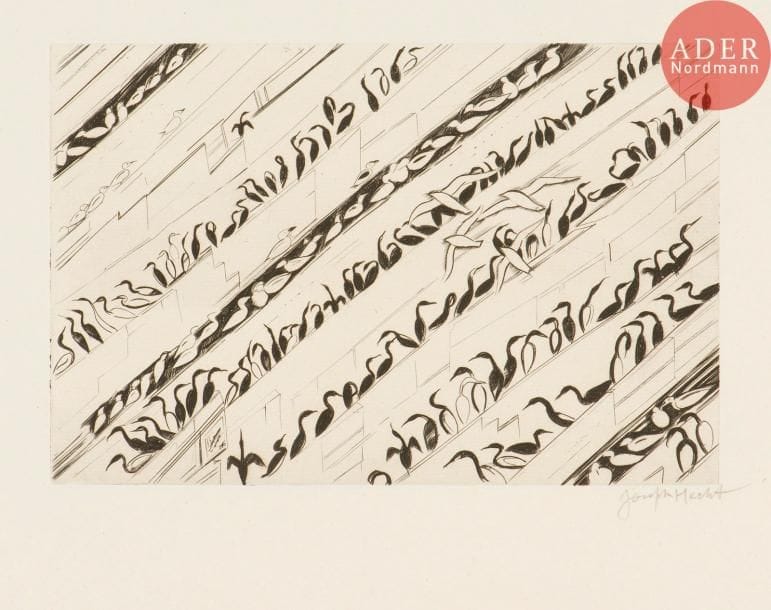 Joseph Hecht (1891-1951)
Ile des cormorans. 1938-1939. Burin. Chaque [400 x 300]. Plumart, Tonneau-R. 311 à 320. Suite complète de 10 pl. Parfaites épreuves sur vergé de Montval au filigrane du brochet, toutes signées au crayon. Toutes marges.