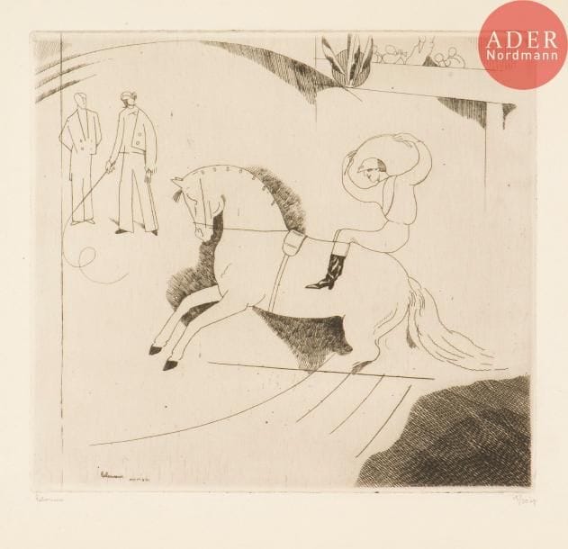 Jean-Émile Laboureur (1877-1943)
Le Jockey d’Epsom (2e pl.). 1913. Eau-forte. 225 x 218. Laboureur 125. Parfaite épreuve sur vélin mince, signée au crayon. Toutes marges. Tirage à 30 épreuves.