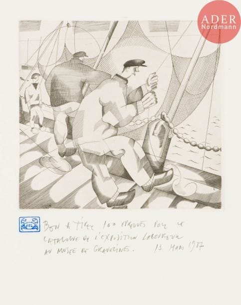 Jean-Émile Laboureur (1877-1943)
Pêcheurs au carrelet. 1925. Burin. 195 x 180. Laboureur 300. Parfaite épreuve sur vélin blanc, d’un tirage posthume, revêtue du timbre au crabe et annotée au crayon par Mario Avati : « Bon à tirer 100 épreuves pour le / catalogue de l’exposition Laboureur / au musée de Gravelines 13 mars 1987 ». Toutes marges. Joint : Le Nu au music-hall. 1931. Eau-forte. 180 x 210. Laboureur 436. Très belle épreuve sur vergé ancien azuré, non signée. Toutes marges. Ens. 2 p.