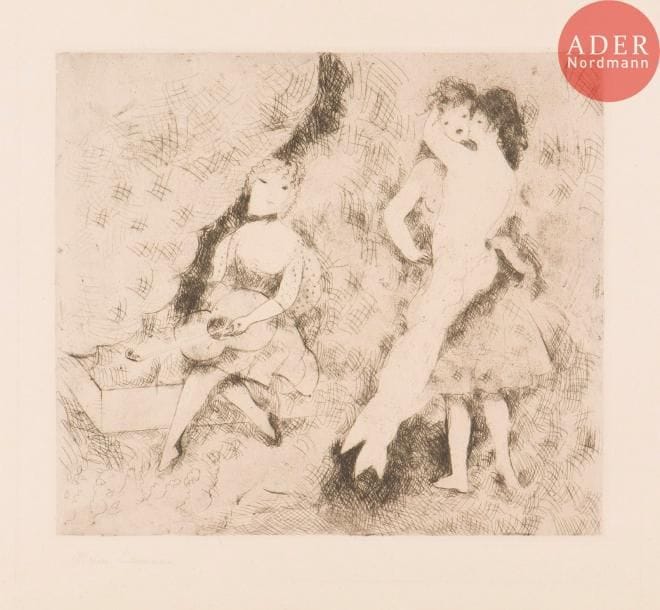 Marie Laurencin (1883-1956)
Le Bal. 1927. Eau-forte. 269 x 240. Marchesseau 127. Très belle épreuve sur japon, signée au crayon. Toutes marges. Au verso, timbre de la succession Marie Laurencin.