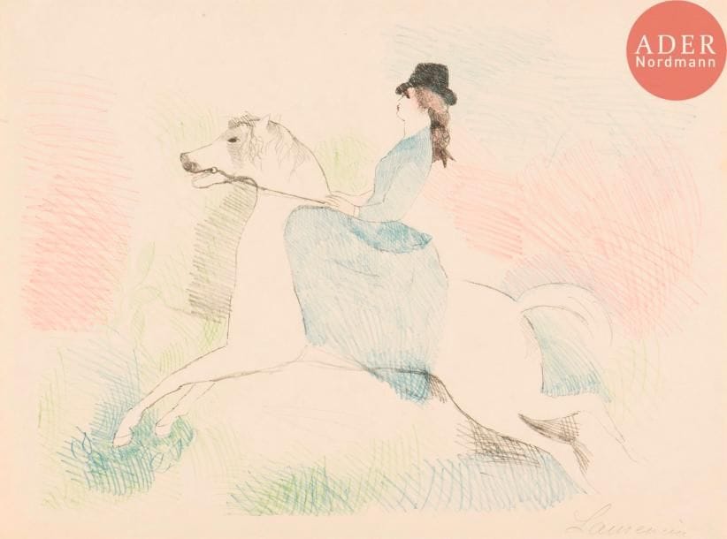 Marie Laurencin (1883-1956)
Christine ou L’Amazone. 1930. Lithographie. 410 x 293. Marchesseau 153. Impression en couleurs. Très belle épreuve sur simili-japon fort, signée au crayon. Toutes marges.