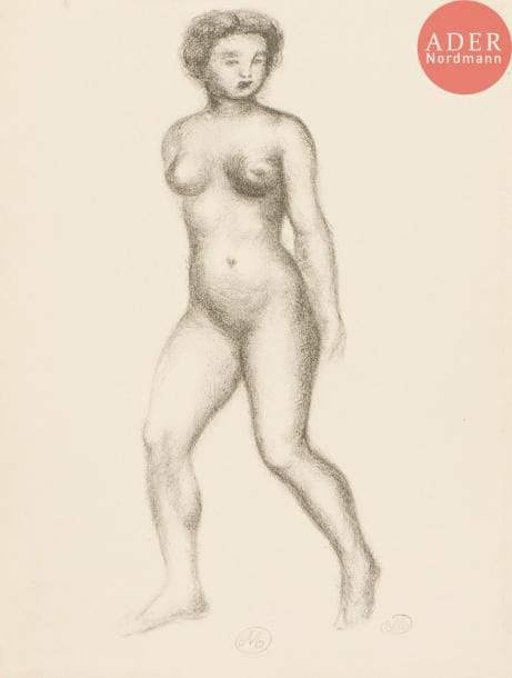 Aristide Maillol (1861-1944)
Femme nue en pied. Lithographie. 145 x 350. Très belle épreuve sur vergé de Montval au filigrane de Gaspard Maillol, revêtue d’un monogramme au crayon. Toutes marges. Joint : Couple. Lithographie. 150 x 140. Très belle épreuve sur vergé de Montval. Toutes marges. Ens. 2 p.