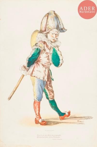 Édouard Manet (1832-1883)
Polichinelle. 1874. Lithographie. 312 x 420 [358 x 540]. Impression en couleurs. Guérin 79 ; Bareau-Berès 83 ; Fisher 61. Belle épreuve du second tirage (à nombre) sur vélin blanc, avec la lettre (vers de Th. de Banville), soigneusement lavée, avec d’anciennes, larges et habiles restaurations aux bords du feuillet, visibles en lumière rasante en marge du sujet. Courte déchirure dans l’angle inférieur gauche, consolidée au verso. Fine bande de papier gommé sur le pourtour au verso avec plis souples correspondants. Ancienne trace d’adhésif oxydé en pied à gauche. Rares rousseurs claires. Belles marges. 

« Unique estampe en couleurs réalisée par Manet. Le modèle était un de ses amis, le peintre Edmond André, qui figure également dans ce costume dans le tableau intitulé Bal masqué à l’Opéra (Washington, National Gallery of Art), refusé par le jury du Salon. Manet avait lancé un concours entre poètes pour la rédaction de deux vers à inscrire sous l’image de son Polichinelle. Il choisit les alexandrins de Théodore de Banville (1823-1891), qui était considéré comme l’un des plus éminents poètes de son temps. En 1876, la lithographie fut retirée à 8 000 exemplaires pour être offerte en prime aux abonnés du journal Le Temps. La censure ayant cru reconnaître une caricature du général Mac-Mahon, elle en interdit la diffusion. » (Source : INHA). Sur les 8 000 épreuves, 1 500 furent effectivement détruites, selon Rançon, neveu de Lemercier et conducteur lors du tirage.