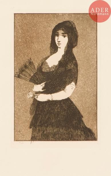 Édouard Manet (1832-1883)
Fleur exotique, ou La Femme à la mantille. 1868. Eau-forte et aquatinte. 115 x 174. Guérin 51 ; Bareau-Berès 57 ; Fisher 46. Parfaite épreuve sur vergé crème, du tirage effectué pour Sonnets et Eaux-fortes. Toutes marges.
