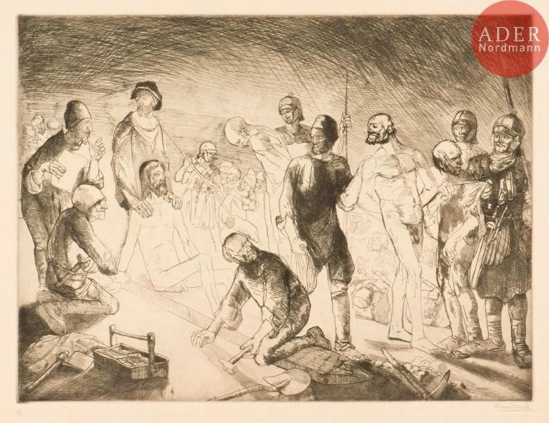 Bernard Naudin (1876-1948)
La Mise en croix. 1911. Eau-forte et burin. 385 x 519. Poncetton 34. Très belle épreuve sur vélin fort, justifiée et signée au crayon. Toutes marges. Joint : La Soupe. 1910. Eau-forte. 288 x 145. Poncetton 29. Très belle épreuve sur vélin, signée au crayon. Ens. 2 p.