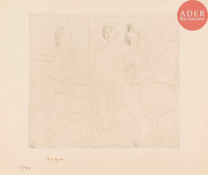 Pablo Picasso (1881-1973)
L’Atelier. 1927. Eau-forte. 397 x 348. Bloch 80. Très belle épreuve sur japon, numérotée et signée au pinceau et à l’encre brune. Fine trace oblique de frottement dans le sujet, visible en lumière rasante. Toutes marges. Tirage à 150 épreuves.
