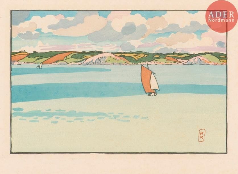 Henri Rivière (1864-1951)
Baie de La Fresnaye (Saint-Cast). (Pl. 21 des Paysages bretons). 1891. Bois gravé. 345 x 228. Sueur 50. Impression en couleurs. Très belle et fraîche épreuve sur japon vergé, timbrée (Lugt 1362). Infimes rousseurs et quelques fins plis marginaux. Toutes marges.