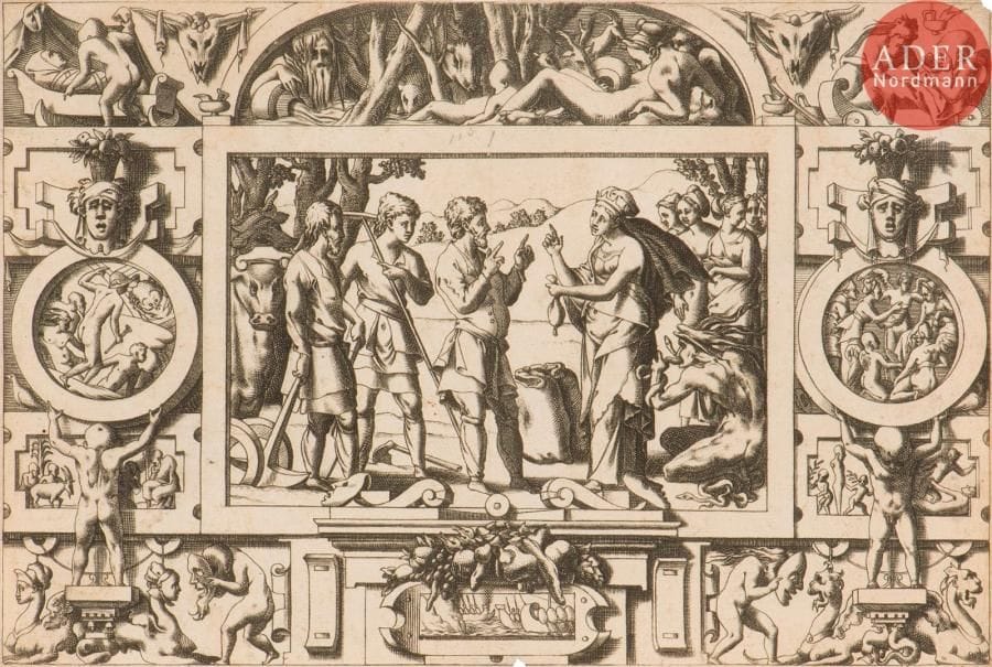 René Boyvin (1525-c. 1598 ou 1625)
La Reine Ino fait gâter la semence qu’elle confie à des laboureurs. (Pl. pour Histoire de Jason et de la conquête de la Toison d’or). Eau-forte. 230 x 157. Robert-Dumesnil 39. Belle épreuve rognée au trait carré et incomplète de la tablette, annotée dans le sujet au crayon « N° 1 ». Infimes manques au bord inférieur du feuillet et dans l’angle supérieur droit. Auréoles claires d’humidité au verso. Petites traces de colle dans les angles au verso.
