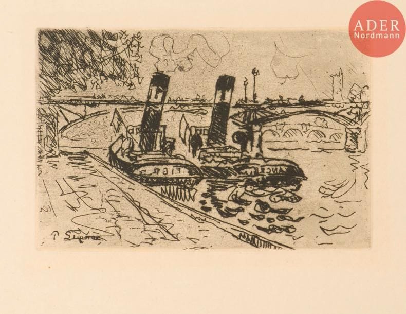 Paul Signac (1863-1935)
Le Pont des arts avec remorqueurs. 1927. Eau-forte. 190 x 125. Kornfeld et Wick 24. Parfaite épreuve sur simili-japon. Toutes marges. Marque de collection non identifiée (Lugt 43).