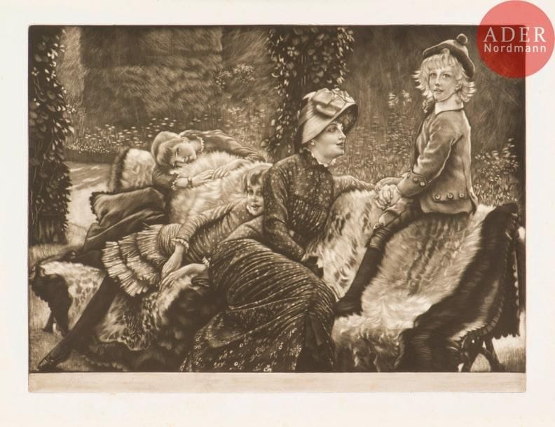 James-J.-J. Tissot (1836-1902)
Le Banc de jardin. 1883. Manière noire. 583 x 418. Wentworth 75. Très belle épreuve sur chine appliqué, du 1er état (sur 3), avant la lettre, mais avec la signature gravée et les essais d’outils en marge inférieure. Petites rousseurs claires éparses. Toutes marges.