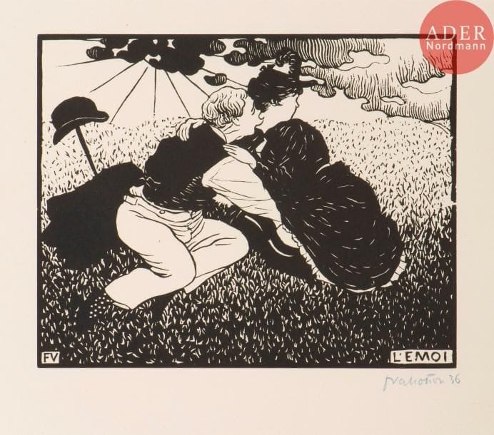 Félix Vallotton (1865-1925)
L’Émoi. 1894. Bois gravé. 225 x 178. Vallotton et Goerg 135. Parfaite épreuve sur vélin mince, signée et numérotée au crayon bleu. Toutes marges. Tirage à 75 épreuves.