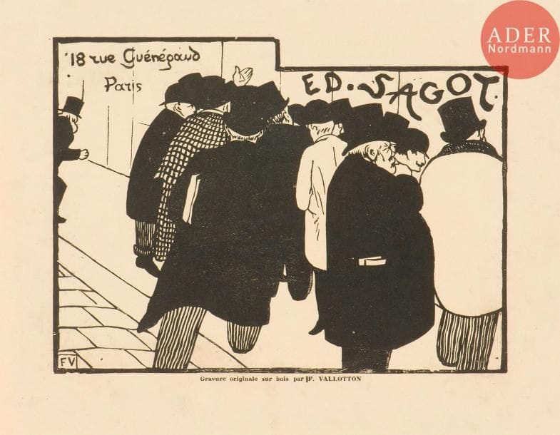 Félix Vallotton (1865-1925) 
Carte-adresse Ed. Sagot. Bois gravé. 252 x 186. Vallotton et Goerg 107 c. Belle épreuve sur vélin, avec une ligne de texte typographié en pied. Toutes marges.
