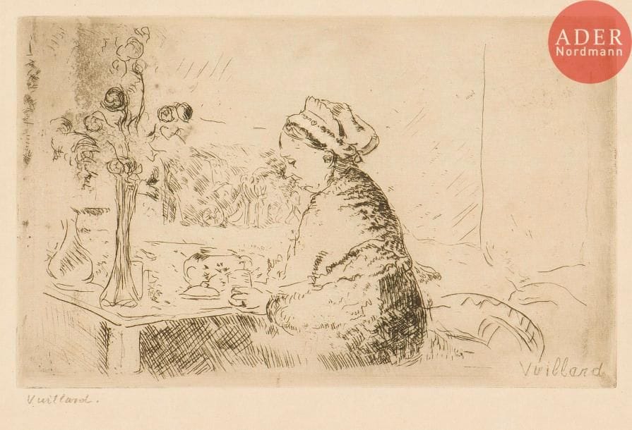 Édouard Vuillard (1868-1940)
Femme au bouquet. Vers 1924. Eau-forte. 218 x 139. Roger-Marx 67. Très belle et fraîche épreuve d’essai sur japon vergé, avec la signature gravée dans l’angle inférieur droit (état non décrit par Roger-Marx), revêtue d’une annotation « Vuillard » au crayon. Toutes marges. Très rare : 2 épreuves connues selon Roger-Marx.