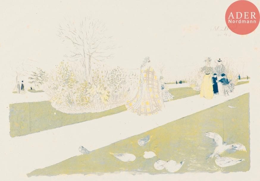 Édouard Vuillard (1868-1940)
Le Jardin des Tuileries. 1896. Lithographie. 430 x 308. Roger-Marx 28 ; Johnson 153-3. Impression en couleurs. Très belle et fraîche épreuve sur chine volant, signée et numérotée au crayon dans le sujet en haut à droite. Rares rousseurs claires. Toutes marges. Tirage à 100 épreuves. A. Vollard éd.