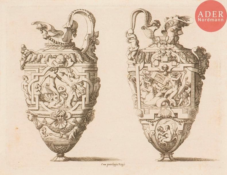 René Boyvin (1525-c. 1598 ou 1625)
Dessins d’aiguières, coupes, salières… (pl. d’une suite de 9). Eau-forte. Formats divers. Robert-Dumesnil 171, 172 (2 épr.), 173 (2 épr.), 174, 176, 178. Belles épreuves, certaines rognées (une avec manques), coupées, collées ou remargées. Rare. Ens. 8 p.