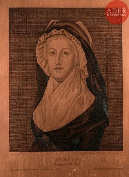 Jean-Louis Prieur (1749-1795) (d’après)
La Reine à la Conciergerie. Cuivre héliogravé d’après le sujet original de Prieur (De Vinck 541), biseauté, les angles arrondis. 180 x 240. Lettre gravée sous le sujet : « Tiré du Cabinet de Mr l’Abbé Carron » et « Prieur fecit ». Titre sur deux lignes dans la marge inférieure, puis adresse de Clément Aîné, marchand d’estampes. Une mention gravée à la même hauteur à droite sommairement effacée au brunissoir : « Héliog… »