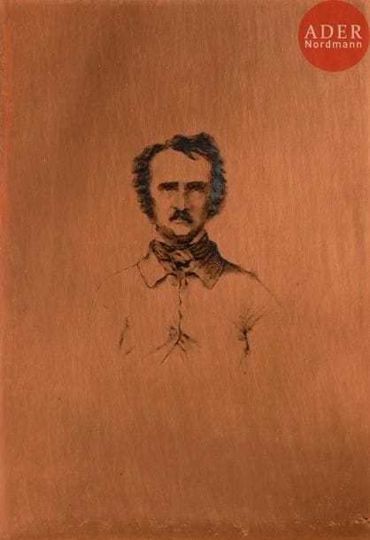 Anonyme
Edgar Allan Poe. Vers 1878. Cuivre gravé à l’eau-forte et à la pointe sèche d’après une photographie, biseauté, les angles arrondis. 150 x 210.