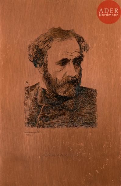 Félix Bracquemond (1833-1914)
Chenavard, peintre. 1860. Cuivre gravé à l’eau-forte, biseauté, les angles arrondis. 100 x 150. Beraldi 20 ; I.F.F. 125. Monogramme dans le sujet, lettre gravée. (Pl. parue dans L’Artiste, 1895, t. II, p. 356).

Paul Chenavard (1807-1895), né à Lyon, fut chargé officiellement par le ministre de l’Intérieur du gouvernement provisoire, Alexandre Ledru-Rollin, d’exécuter la décoration de l’intérieur du Panthéon de Paris. Ce projet fut toutefois annulé en 1851.