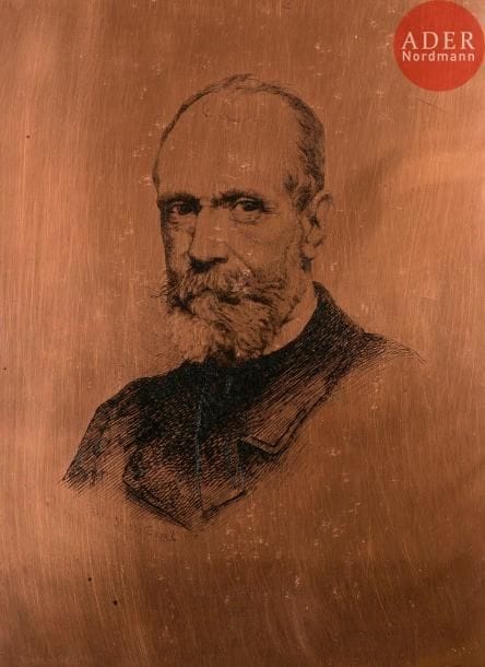 Loÿs Delteil (1869-1927)
Félix Bracquemond (en 1897). 1897. Cuivre gravé à l’eau-forte, biseauté, les angles arrondis. 150 x 200. I.F.F. 4-2. Nom du graveur et date sous le sujet à gauche. Titre gravé dans la marge inférieure puis au-dessous « L’Artiste » et « Imp. Porcabeuf ». Petites traces d’oxydation en surface.