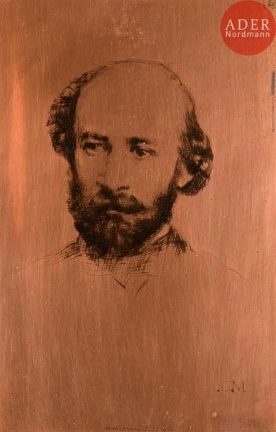 Marcellin Desboutin (1823-1902)
Émile Augier. 1878. Cuivre gravé à la pointe sèche d’après une photographie, biseauté, les angles arrondis. 80 x 120. Clément-Janin 3. Monogramme en bas à droite et adresse de la Veuve Cadart en pied.