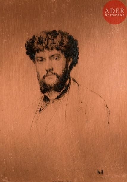 Marcellin Desboutin (1823-1902)
Jean Richepin, de l’Académie Française. 1877. Cuivre gravé à la pointe sèche d’après une photographie, biseauté, les angles arrondis. 125 x 175. Clément-Janin 212. Monogramme en bas à droite et adresse de la Veuve Cadart en pied.