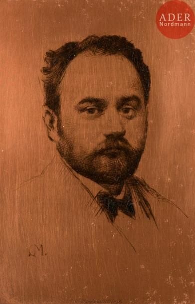 Marcellin Desboutin (1823-1902)
Zola, de face. 1875. Cuivre gravé à la pointe sèche d’après une photographie, biseauté, les angles arrondis. 80 x 120. Clément-Janin 244. Monogramme en bas à gauche et adresse de la Veuve Cadart en pied. 

« Cuivre probablement perdu » selon Clément-Janin – réapparaissant donc ici.