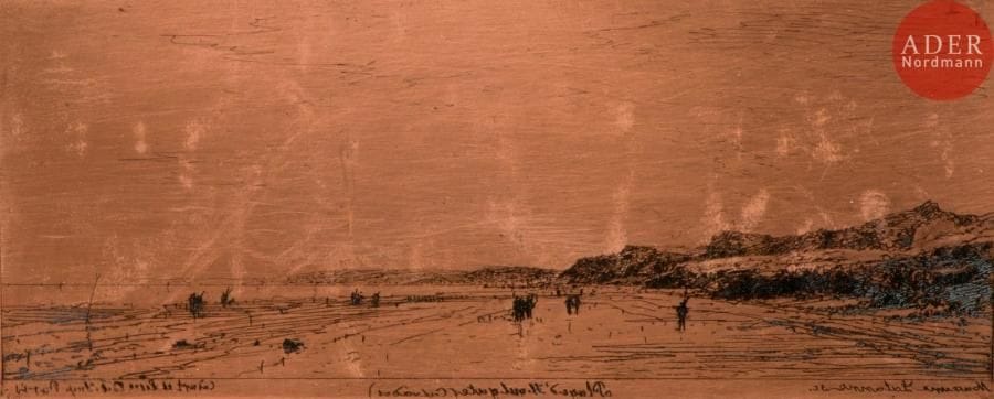 Maxime Lalanne (1827-1886)
Plage d’Houlgate (Calvados). (Pl. pour Douze Croquis à l’eau-forte… Cadart et Luce éd., 1869). Cuivre gravé à l’eau-forte, biseauté, les angles arrondis. 160 x 69. I.F.F. 21-2. Signature et lettre gravés sous le sujet. Petites traces de frottement en surface.