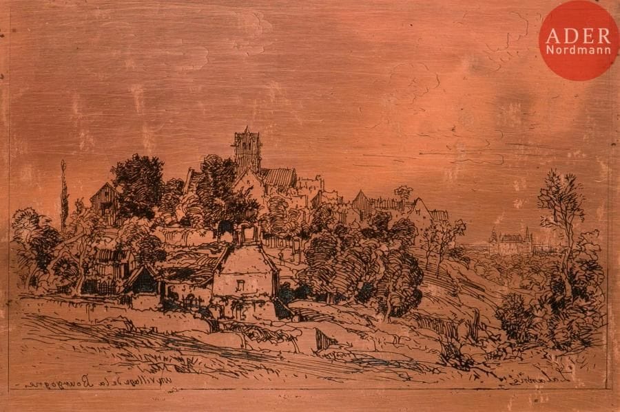 Maxime Lalanne (1827-1886)
Un village de la Bourgogne. Vers 1875. Cuivre gravé à l’eau-forte, biseauté. 120 x 82. I.F.F. 44. Signature et titre gravés en pied du sujet. Petites traces de frottement en surface.