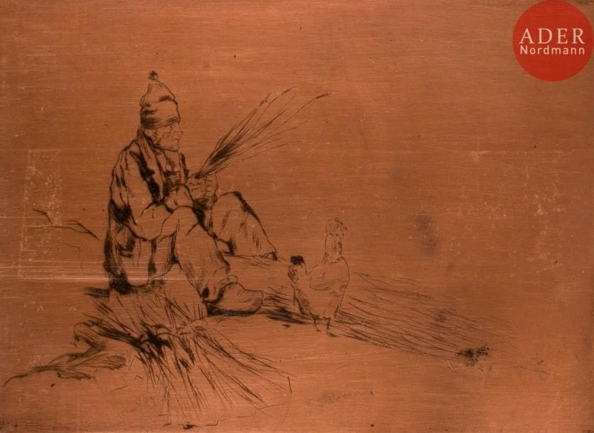 Jean-François Raffaëlli (1850-1924)
Bonhomme faisant des liens, ou Le Paysan assis. Vers 1890. Cuivre gravé à la pointe sèche, les angles arrondis. 105 x 142. Delteil 6. Monogramme à la pointe sous le sujet. Petites traces (d’ancien adhésif ?) en surface.