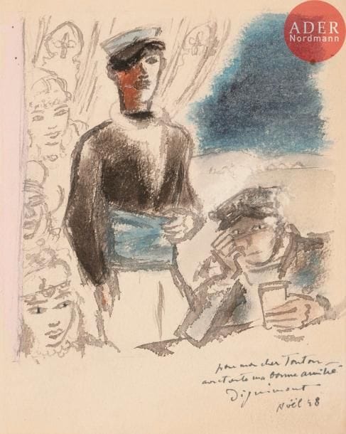 Un fort lot de cartes de vœux, cartes d’invitation, menus, vignettes par ou d’après Berthommé Saint-André, Brianchon, Buffet, Carzou (15), Cavaillès, Ciry, Goerg, Dignimont, L. Fini, Forain, Vertès, etc. Eau-forte ; pointe sèche ; lithographie ; bois gravé ; dessins originaux. La majorité signés, certains enrichis de correspondance, notamment adressée à « Tonton » tenancier de bistrot à Montmartre. Ens. 70 p. env.