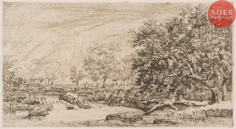 Louis-Hector Allemand (1809-1886)
A Pont-de-Chéruy (Isère). 1857. Eau-forte. 285 x 155. Beraldi 56. Très belle épreuve sur chine volant monté par le bord supérieur sur vergé, annotée en tête « 1 état retouché », du 1er état (sur 3), avant les reprises à la pointe sèche dans le ciel et la mare, le tronc d’arbre mort encore blanc. Toutes marges. Joint : A. Ponthus-Cinier. Ferme devant un village fortifié. Eau-forte. 205 x 130. Très belle épreuve sur vélin mince, annotée « Chatillon » et signée des initiales au crayon. Petites marges normales. Ens. 2 p. 

« Les eaux-fortes d’Hector Allemand sont pour la plupart des croquis gravés directement sur nature et tirés à petit nombre. Elles se recommandent par une rusticité qui rappelle, toutes choses égales, celle de Daubigny ». (Jean Laran, Inventaire du fonds français après 1800, t. I, Paris, Bibliothèque nationale, p. 101).