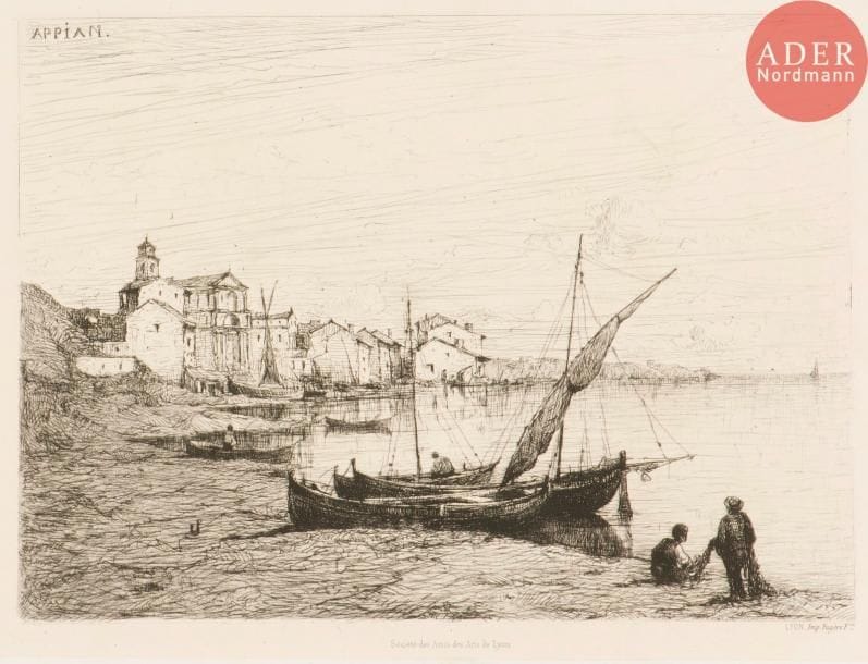 Adolphe Appian (1818-1898)
Ville au bord de la mer. Eau-forte. 300 x 215. Curtis et Prouté 46. Très belle épreuve sur chine appliqué. Infimes rousseurs sur le support. Toutes marges.