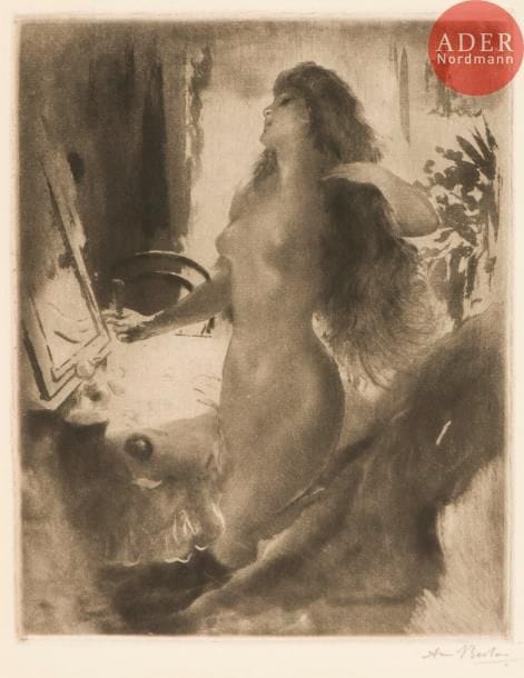 Armand Berton (1854-1927)
Femme à sa toilette. Aquatinte et pointe sèche. 222 x 275. Très belle épreuve sur vergé, signée au crayon. Légères traces d’oxydation aux bords du feuillet. Toutes marges.