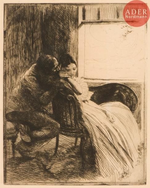 Albert Besnard (1849-1934)
Le Flirt. (La Femme, pl. VI). Vers 1886. Eau-forte. 245 x 314. Godefroy 52. Très belle épreuve sur vergé crème. Trace claire d’oxydation à l’ouverture d’un ancien montage. Toutes marges. Tirage à 100 épreuves.