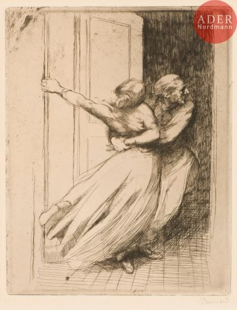 Albert Besnard (1849-1934)
Le Viol. (La Femme, pl. VIII). Vers 1886. Eau-forte. 246 x 313. Godefroy 54. Très belle épreuve sur vergé, du 1er état (sur 2), avant les nouveaux travaux dans les fonds et sur le vêtement de l’homme, signée au crayon. Petits restes d’encadrement aux bords du feuillet au verso. Belles marges. Tirage définitif à 100 épreuves. Ex-coll. Louis Godefroy (Lugt 2971a), Armand Dayot (selon inscription manuscrite sur le montage) et H.-M. Petiet (Lugt 5031).