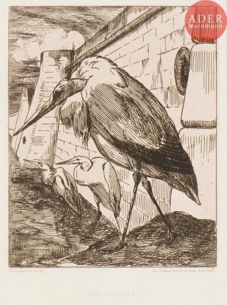 Félix Bracquemond (1833-1914)
Les Cigognes. Eau-forte. 185 x 244. Très belle épreuve sur vergé fort, du tirage effectué pour Cadart et Luquet. Grandes marges.