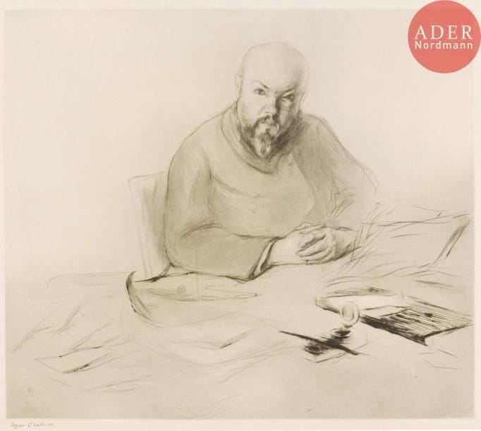 Edgar Chahine (1874-1947)
Portrait de Monsieur Cornely. 1900. Pointe sèche. 340 x 297. Tabanelli 60. Très belle épreuve sur vergé, signée au crayon. Très claire oxydation à l’ouverture d’un ancien montage. Toutes marges. Tirage à env. 40 épreuves.