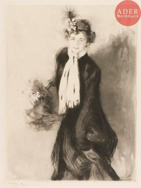 Edgar Chahine (1874-1947)
Portrait de Mademoiselle L. B. 1905. Pointe sèche et aquatinte. 295 x 402. Tabanelli 146. Très belle épreuve sur japon fort, signée et numérotée au crayon. Très claire oxydation à l’ouverture d’un ancien montage. Toutes marges. Tirage à 40 épreuves (dont seulement 20 sur ce papier).