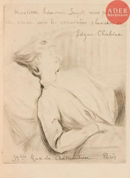 Edgar Chahine (1874-1947)
Invitation (Galerie Edmond Sagot). 1907. Pointe sèche. 146 x 190. Tabanelli 267. Belle épreuve sur japon. Fins plis cassés obliques dans l’angle supérieur gauche du sujet. Marges étroites.