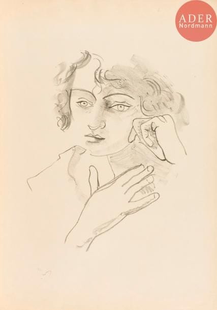 André Derain (1880-1954)
Tête de femme aux yeux clairs de face avec les deux mains. (Pl. pour Métamorphoses, éd. des Quatre Chemins). 1927. Lithographie. 290 x 365. Adhémar 71-6. Très belle épreuve sur japon fort, numérotée en chiffres romains, d’un tirage à 25 épreuves, et signée au crayon. L’indentation de la pierre très visible. Quelques courts plis de manipulation. Toutes marges non ébarbées.
