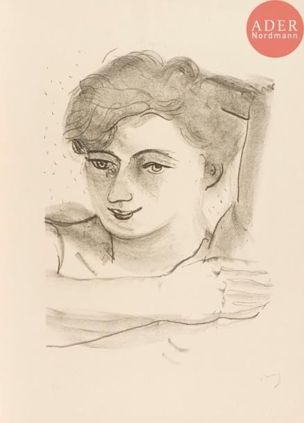 André Derain (1880-1954)
Tête de femme légèrement baissée, une main posée sous le bras levé. (Pl. pour Métamorphoses, éd. des Quatre Chemins). 1927. Lithographie. 290 x 410. Adhémar 71-7. Très belle épreuve sur japon fort, numérotée en chiffres romains, d’un tirage à 25 épreuves, et signée au crayon. L’indentation de la pierre très visible. Quelques courts plis de manipulation. Plusieurs fins plis cassés aux bords du feuillet. Toutes marges non ébarbées.