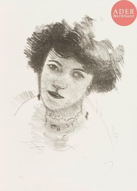 André Derain (1880-1954)
Tête de femme très brune de face avec des boucles d’oreilles pendantes. (Pl. pour Métamorphoses, éd. des Quatre Chemins). 1927. Lithographie. 295 x 375. Adhémar 71-8. Très belle épreuve sur vélin blanc, numérotée en chiffres romains, d’un tirage à 25 épreuves, et signée au crayon. Toutes marges non ébarbées.