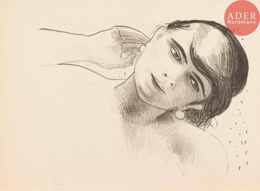 André Derain (1880-1954)
Tête de femme de face, portant une main à son oreille. (Pl. pour Métamorphoses, éd. des Quatre Chemins). 1927. Lithographie. 420 x 310. Adhémar 71-10. Très belle épreuve sur japon fort, numérotée en chiffres romains, d’un tirage à 25 épreuves, et signée au crayon. L’indentation de la pierre très visible. Quelques courts plis de manipulation et plis cassés aux bords du feuillet. Toutes marges non ébarbées.
