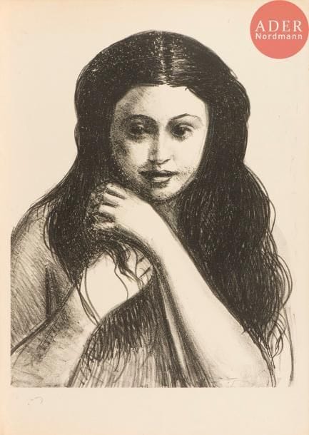 André Derain (1880-1954)
Femme de face, raie au milieu, ses cheveux noirs encadrant son visage souriant. (Pl. pour Métamorphoses, éd. des Quatre Chemins). 1927. Lithographie. 365 x 455. Adhémar 71-12. Très belle épreuve sur japon fort, numérotée en chiffres romains, d’un tirage à 25 épreuves, et signée au crayon. Quelques courts plis de manipulation. Infime oxydation aux bords du feuillet. Toutes marges.